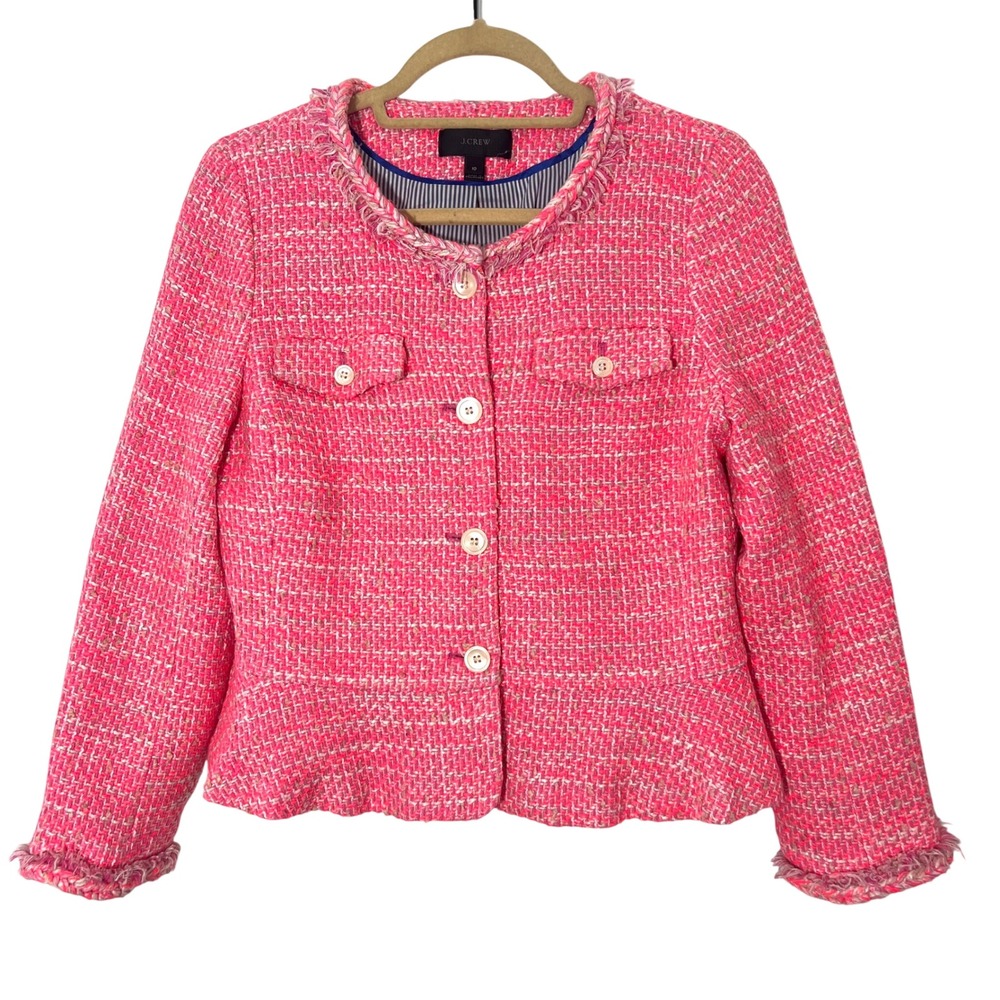 J.Crew‎ Blazer Jacket Pink Tweed Peplum Fringe Preppy Old Money Work Wear Sz 10